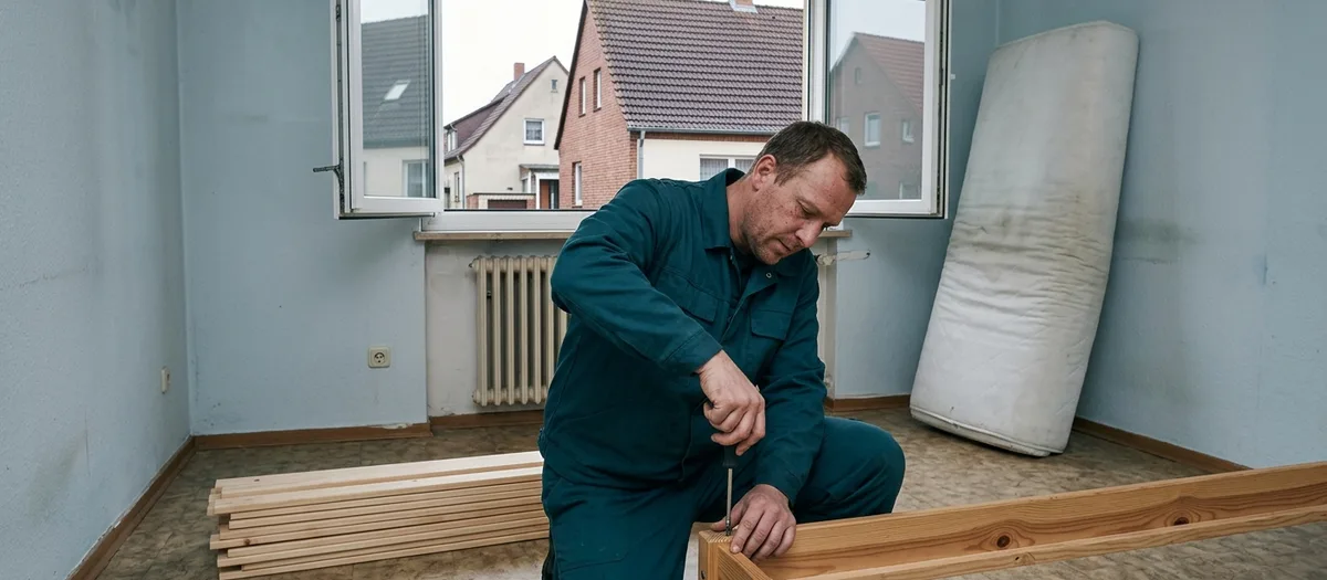 Monteur verschraubt einen hölzernen Bettrahmen im leeren Schlafzimmer