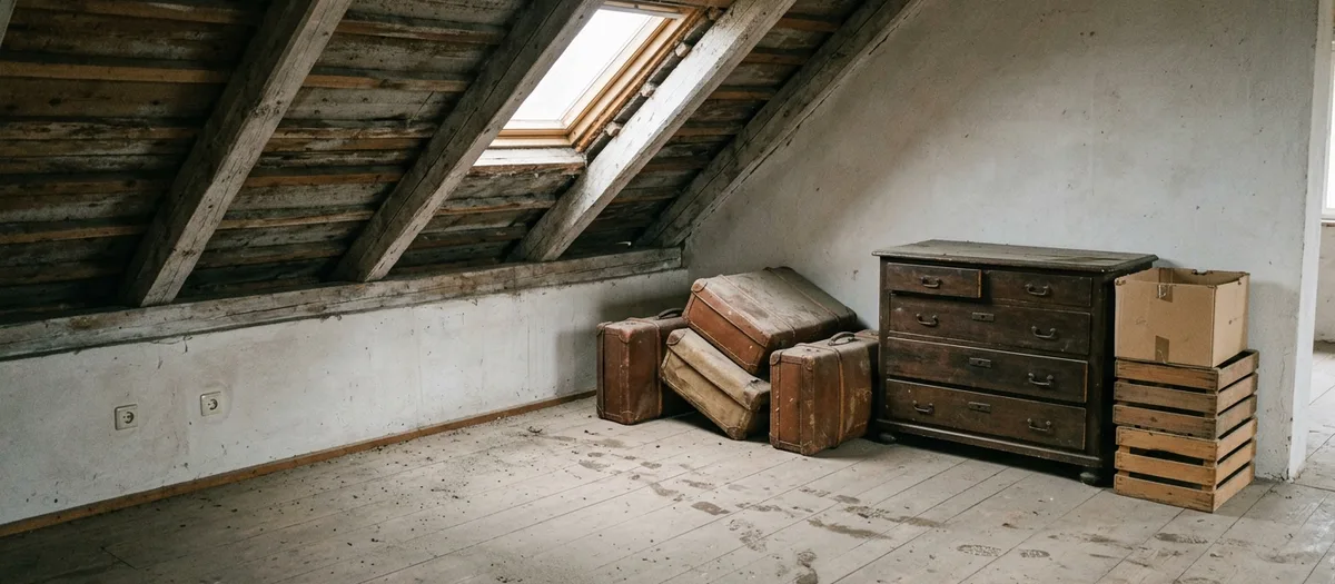 Alte Koffer, eine Kommode und Holzkisten auf einem staubigen Dachboden unter dem Dachfenster