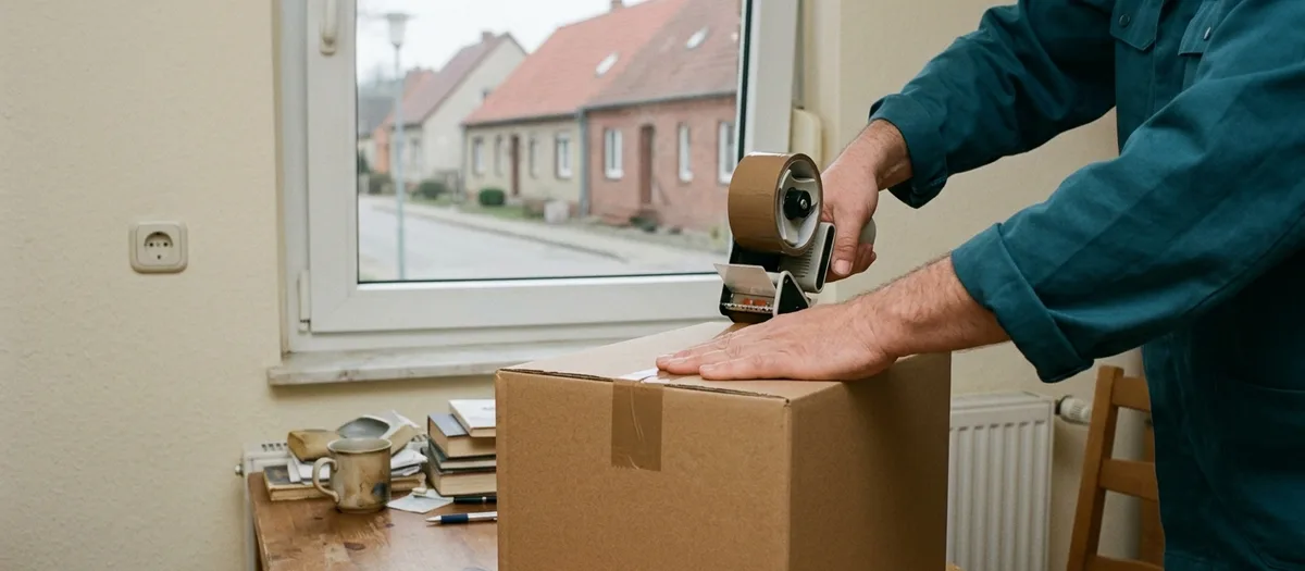 Hände verschließen einen Umzugskarton mit Handabroller und braunem Paketband