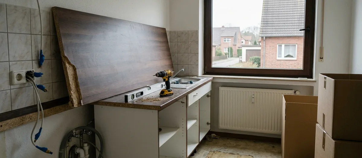 Abgebaute Küchenzeile mit abgenommener Arbeitsplatte und Werkzeug vor gekachelter Wand