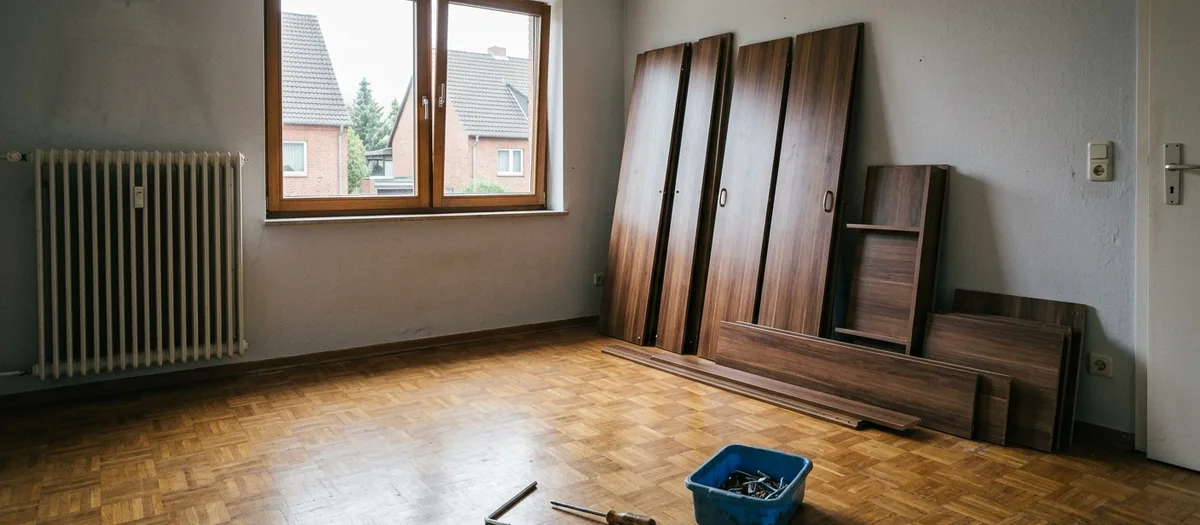 Zerlegter Kleiderschrank lehnt an der Wand eines leeren Zimmers, Beschläge in einer Wanne
