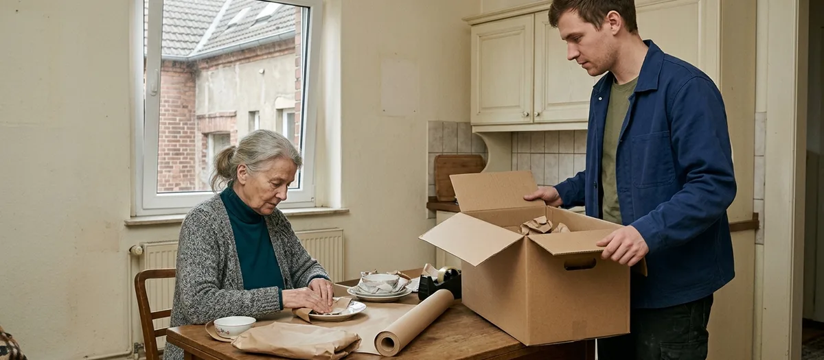 Ältere Frau wickelt Geschirr in Packpapier, ein Helfer hält den offenen Umzugskarton