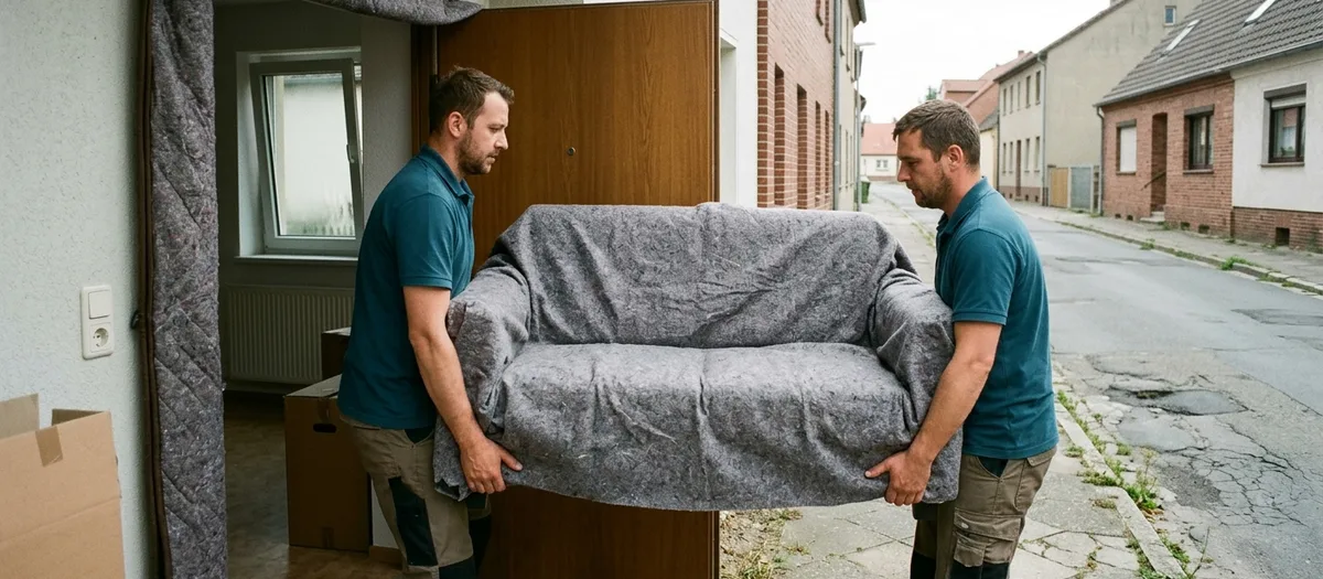 Zwei Träger heben ein in Decken gepacktes Sofa durch eine Haustür nach draußen