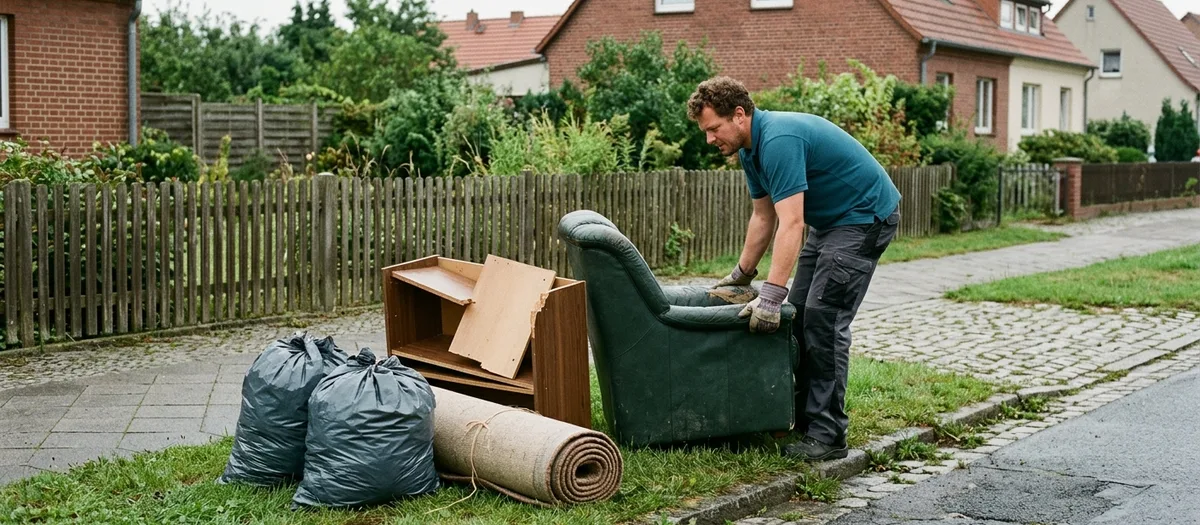 Helfer hebt einen ausgedienten Sessel von der Grasnarbe, daneben Teppichrolle und Säcke