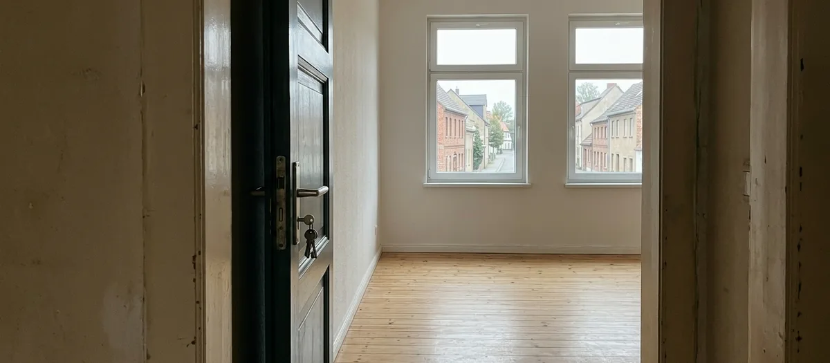 Blick durch die offene Wohnungstür in einen leergeräumten Raum mit frisch gefegten Dielen
