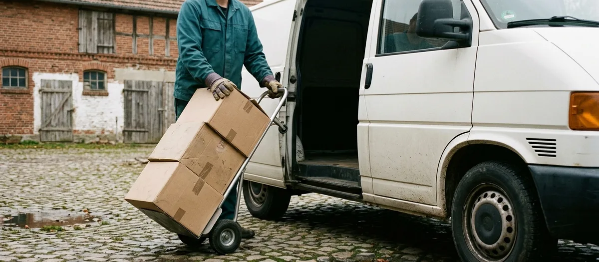 Helfer schiebt drei Umzugskartons auf einer Sackkarre zur offenen Schiebetür eines Transporters